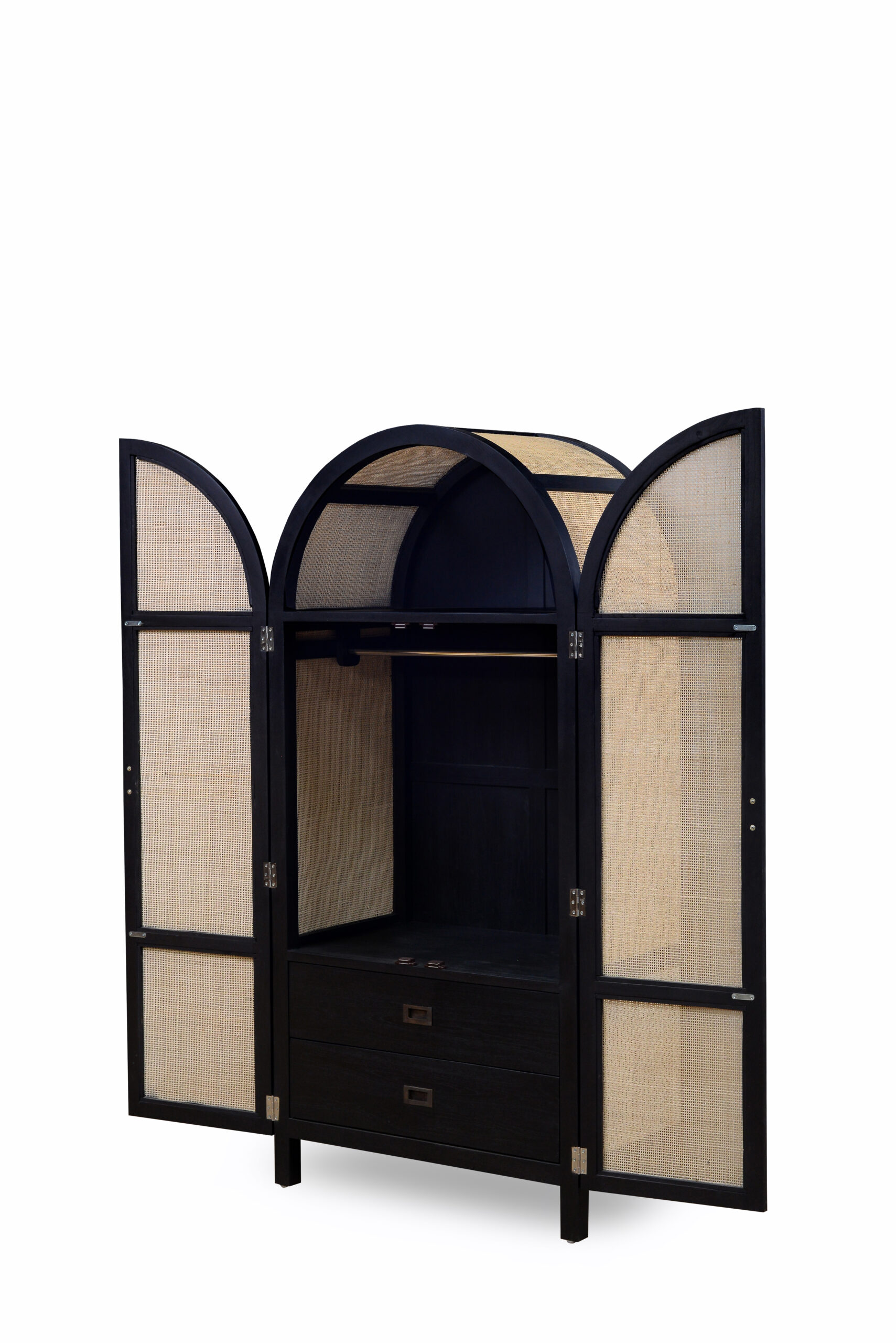 view of audrey wardrobe black variant with open doors